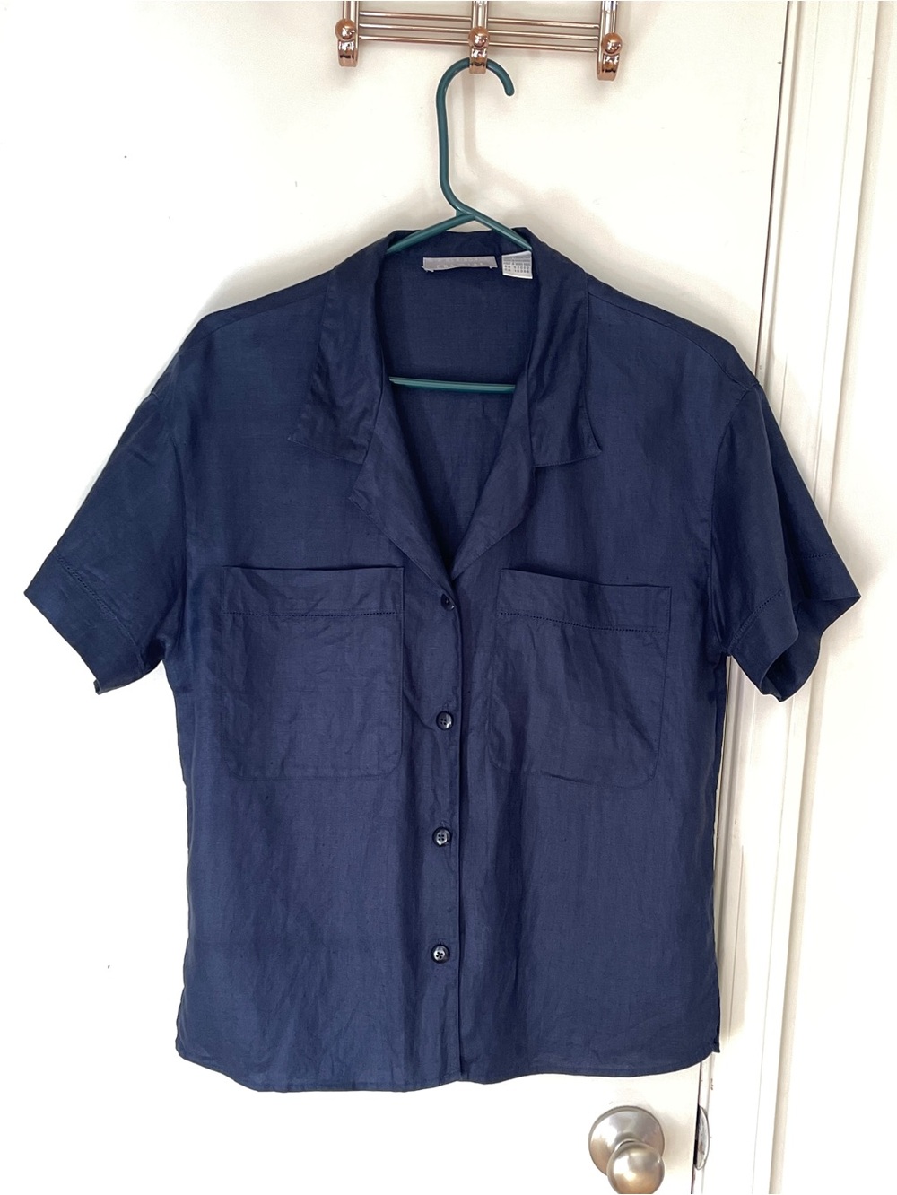 Vintage Liz Claiborne Chemise 100% Linen Dark Blue Button Up Collared Shirt Top